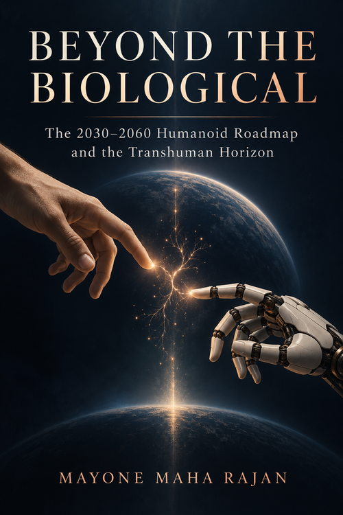 Beyond the Biological — humanoid robotics and the transhuman horizon. First-Draft Research Edition cover.