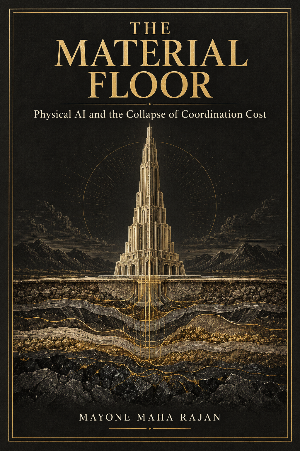 The Material Floor — Physical AI and the Collapse of Coordination Cost. Ebook cover by Mayone Maha Rajan.